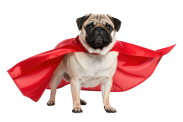 PNG Adorable pug wearing red cape with heroic pose on black background