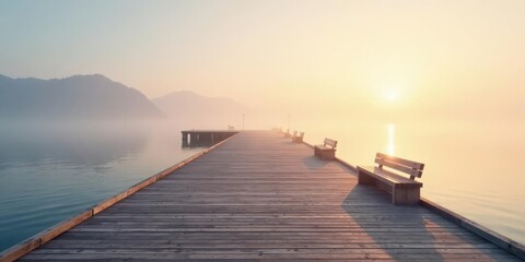 Naklejka premium Serene Sunrise Over Calm Water A Misty Morning on a Wooden Pier with Benches