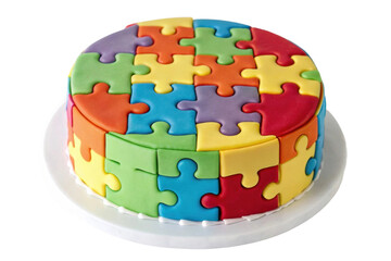 PNG Colorful puzzle piece cake with multicolored fondant on white plate