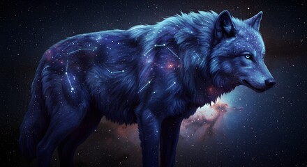 Fototapeta premium Cosmic wolf illustration with nebula galaxy and celestial star design