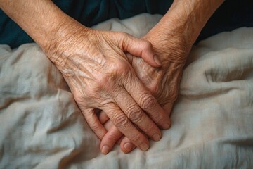 Fototapeta premium Close-up of elderly hands resting gently on a fabric surface, showing wrinkles and veins, evoking feelings of wisdom and calmness