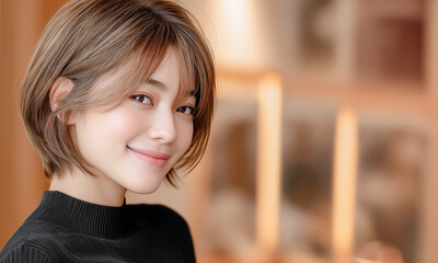 笑顔がかわいい若い女性のポートレート。ショートヘアのカットモデル