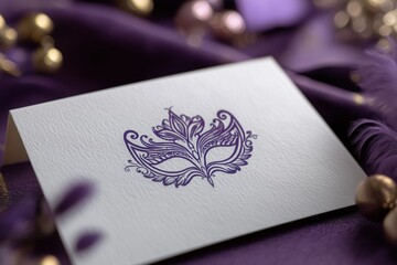 Elegant purple masquerade mask design on textured card