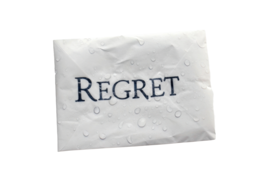 PNG Raindrop-covered envelope with regret text on black background