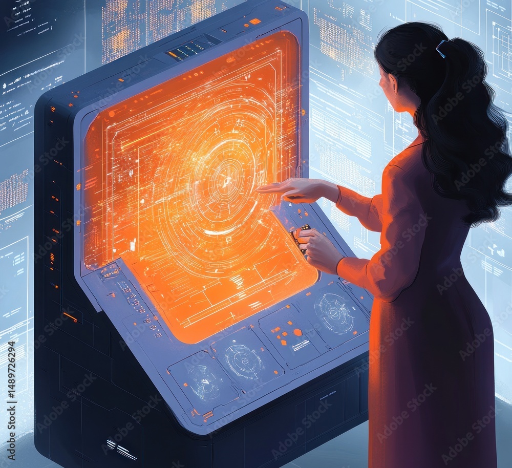 Poster woman interacting with a large futuristic digital touchscreen console displaying glowing orange circular interface and technical data in a high-tech environment