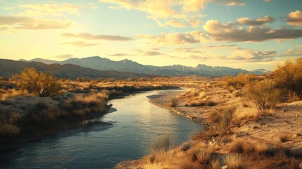 Desert river sunset landscape, tranquil scene, southwestern US