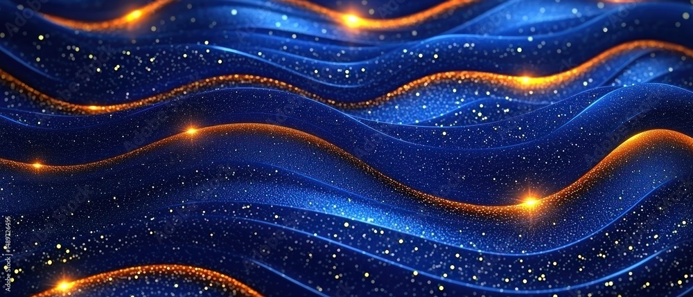 Poster abstract blue and gold waves shimmer with glittering particles, creating a luxurious and dynamic vis