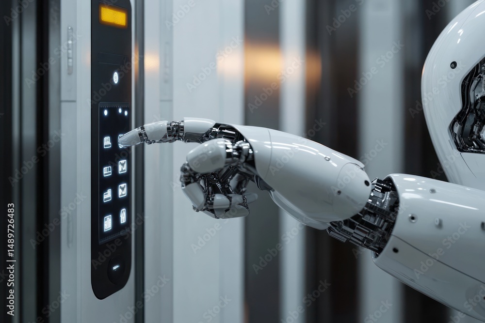 Poster futuristic robotic hand pressing buttons on a sleek elevator control panel in a modern building, sho