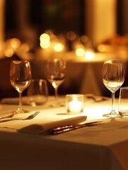 Dinner table settings and lighting with soft focus background