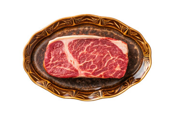 Obraz premium PNG Raw marbled beef steak on ornate brown ceramic plate
