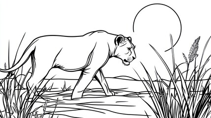 Fototapeta premium Lioness walking in savanna grassland at sunset; wildlife illustration