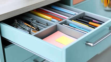 Organized office desk drawer with stationery (1)