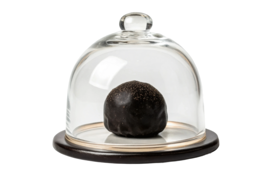 PNG Single chocolate truffle under glass dome on black background