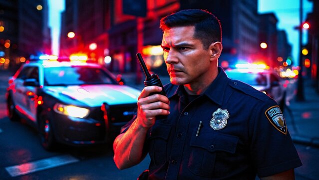 Police officer using walkie talkie with patrol cars and flashing lights in background at night, creating a dramatic scene of law enforcement in action