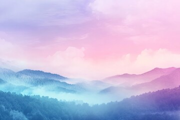 Fototapeta premium Pastel mountain range, shrouded in mist. Soft, blended colors of pink, purple, blue, and green, paint a dreamy landscape of rolling hills and hazy clouds