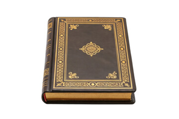 Fototapeta premium PNG Elegant vintage leather-bound book with gold detailing on black background
