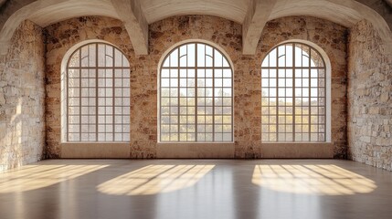 Sunlight streaming through arched windows illuminating the rustic stone walls of an empty loft for new