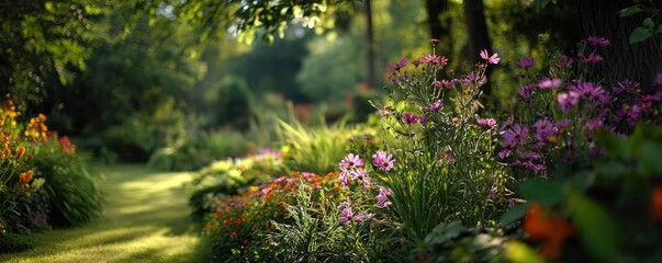 Blooming flowers in meadow with mystical nature and dreamlike gardens concept. A serene garden path lined with vibrant blooming flowers.