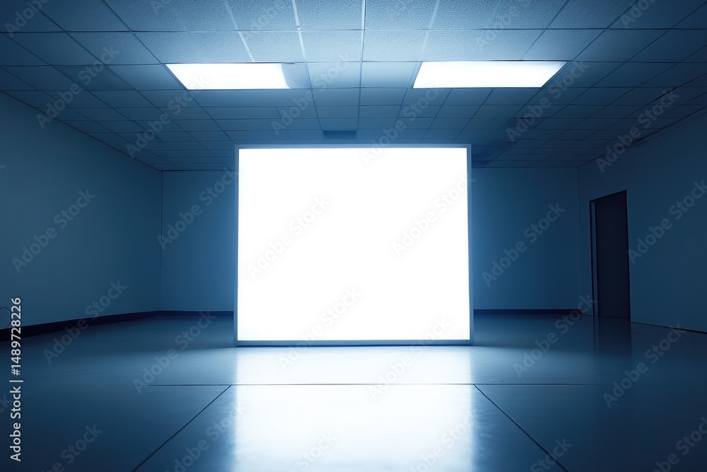 Poster empty illuminated square display in a dimly lit room
