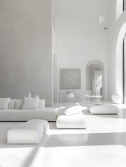 A modern minimalist white living room showcases its architecture and features