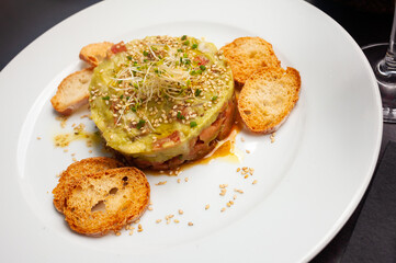 Raw salmon tartare with guacamole, microgreens and sesame seeds served with toasted bread