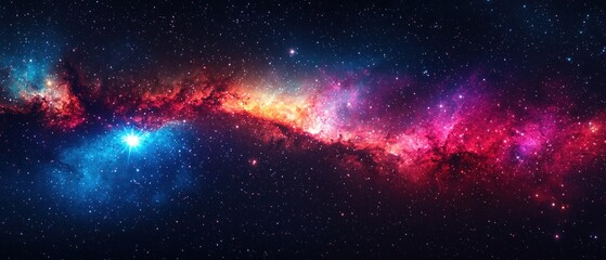 Naklejka premium A vibrant nebula, swirling cosmic dust and gas in shades of red, pink, blue, and orange. Stars twinkle across a dark backdrop