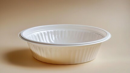 Empty white disposable plastic bowl on a pale beige surface.
