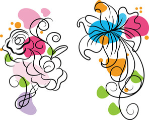 Abstract Floral Line Art Designs with Colorful Splashes