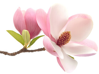 Naklejka premium Blooming Pink Magnolia Flower with Green Leaf on Branch Transparent Background