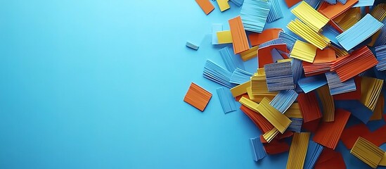 Colorful confetti pieces scattered on a light blue background.