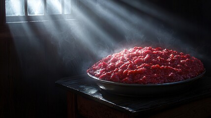 Steaming, crimson meat dish illuminated by a window.