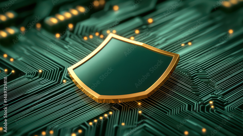 Poster a golden shield symbolizes cybersecurity on a green circuit board, representing digital protection a