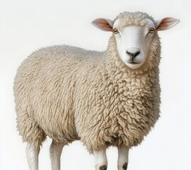 Fototapeta premium fluffy white sheep standing facing forward with detailed wool texture and calm expression on a white background