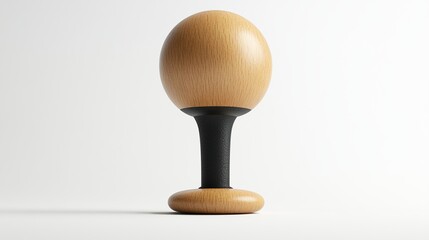 Light beige wooden egg-shaped object atop a dark-colored stem and base