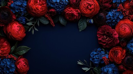 Vibrant red and blue flowers frame a dark background.