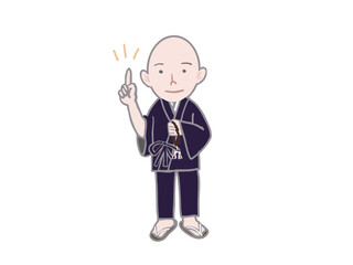An illustration of a young monk standing in a work uniform with his index finger raised