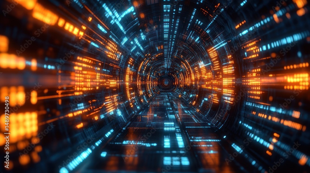 Poster futuristic digital tunnel with glowing blue and orange lights creating a high-tech, immersive and dy