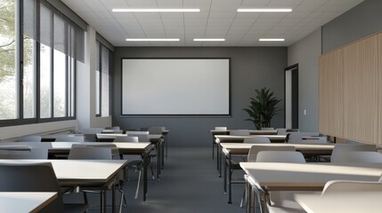Fototapeta premium Modern classroom with desks, projector screen, and natural light
