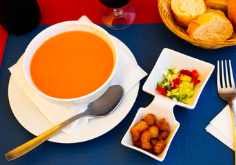 National Spanish tomato soup Gazpacho served with canape