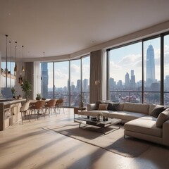 Modern apartment, panoramic city view, luxury condo , amenities, sunlight