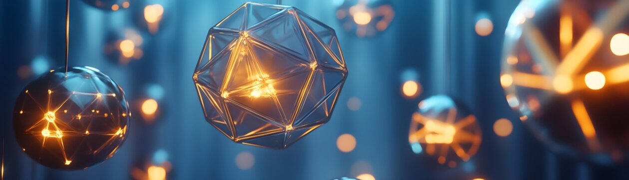 Geometric lights suspended in a deep blue space.