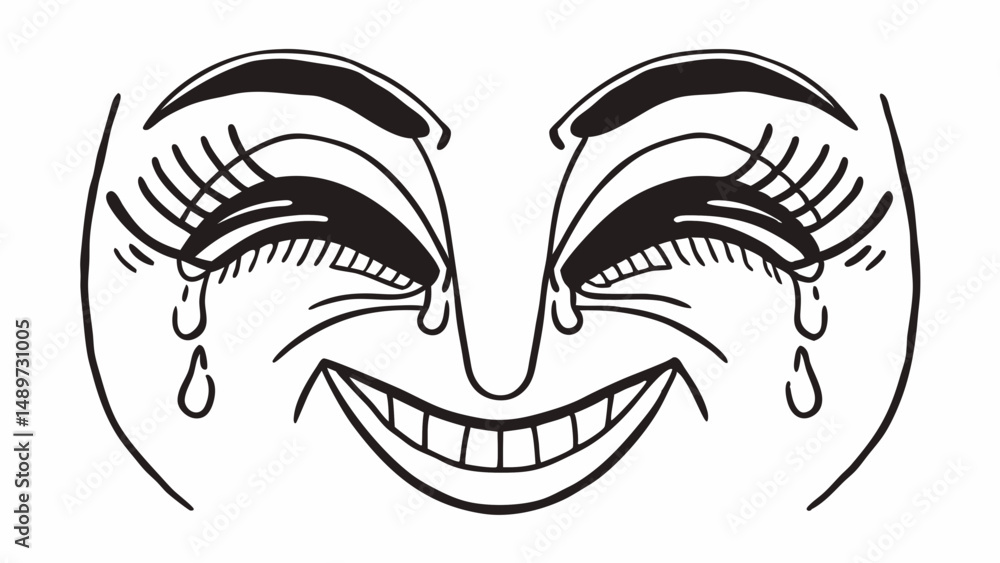 Poster cartoon face with exaggerated features showing a wide smile and stylized tears running down face cre