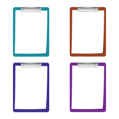 Set of four colorful clipboards in teal, brown, purple, and violet isolated on white
