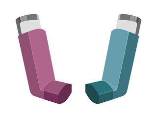 Two asthma inhalers in pink and teal with silver caps isolated on white background