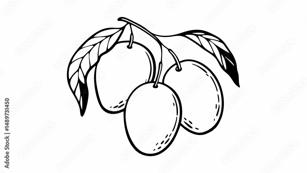 Aufkleber illustration of a branch with three plums and leaves in black and white line art style simple design