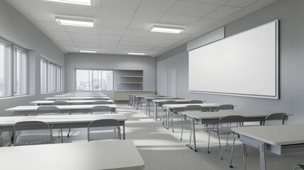 Fototapeta premium Empty modern classroom, desks arranged, city view, blank whiteboard, education