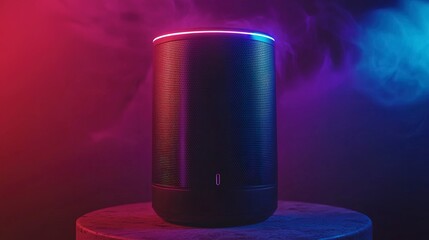 Stylish black portable speaker illuminated by vibrant neon lights.