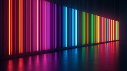 Multicolored neon light strips form a vibrant wall.