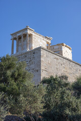 Temple of Athena Nike at Propylaia, monumental ceremonial gateway to the Acropolis of Athens, Greece.