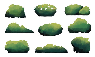 Watercolor Freeform Bush Shrub Clipart. A complete collection of watercolor style green bushes in various shapes including floral variations. Perfect for forest scenes garden decor